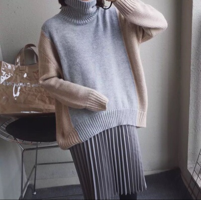 2015秋冬新款欧美大码拼色高领宽松套头毛衣毛线上衣针织衫女包邮