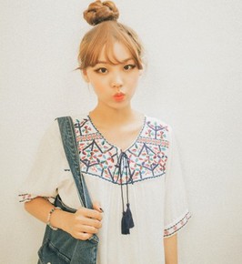 日韩系  森林度假小清新文艺术拍照宽松甜美系带中长款衬衫上衣女