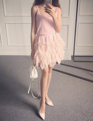2015夏 泰国马卡龙色吊带上衣+羽毛雪纺立体皱褶不规则半身裙套装