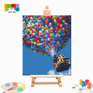 艾米瑶手绘 蓝天风景画 彩色气球DIY装饰画 小清新房子家装墙壁画