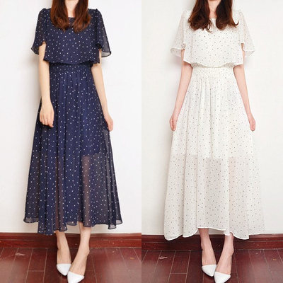 2015夏季新款韩版森女系气质波点长裙子修身显瘦短袖雪纺连衣裙女
