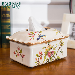 芮诗凯诗美式乡村陶瓷纸巾盒摆件客厅茶几餐桌创意花鸟抽纸盒摆件
