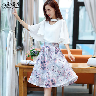2016夏季新款套裙韩版短袖印花雪纺修身两件套连衣裙显瘦特价清仓
