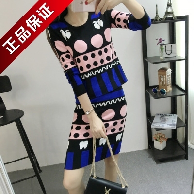 韩版代购2016秋季女装修身针织衫套装 显瘦毛衣加短裙两件套 包邮