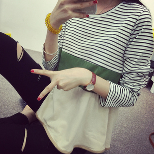 韩版女装2015秋季新款拼接条纹女T恤撞色宽松上衣时尚大码打底衫