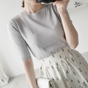 2015春季韩版新款半高领五分袖针织衫毛衣修身显瘦五分袖打底衫女
