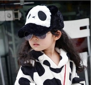韩版秋冬儿童可爱熊猫帽子女鸭舌棒球帽儿童加厚毛绒帽子亲子帽潮