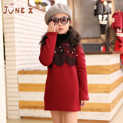 女童装秋冬装2015新品韩版蕾丝打底衫加绒加厚中长款女童上衣长袖