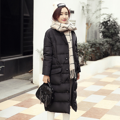 2015冬季新款 韩版加厚长款棉衣女过膝宽松纯色百搭保暖棉服外套