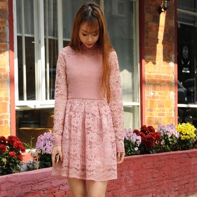 2016春季新款韩版中长款蕾丝拼接针织裙时尚修身长袖立领连衣裙女