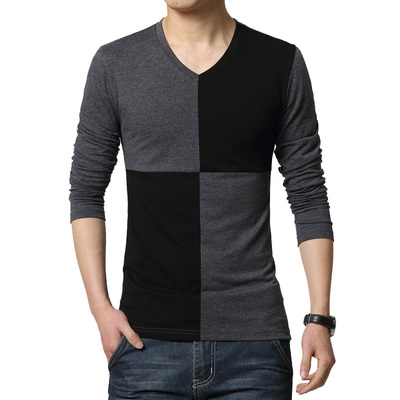 2015新款韩版V领t恤加肥加大码男装长袖T恤男 宽松显瘦潮打底衫