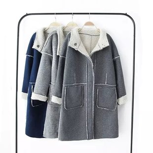 韩版2015秋冬装直筒加厚呢子大衣宽松显瘦羊羔毛外套翻领棉衣女