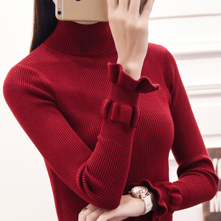 秋冬新款韩版女装荷叶袖针织打底衫修身高领毛衣