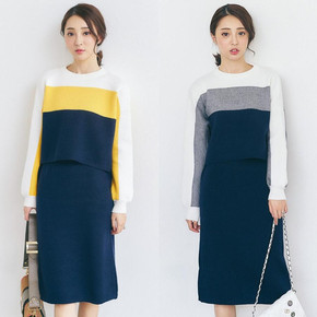 2016秋装新品韩版女装拼接上衣+裙子两件套女休闲套装 套装裙中裙
