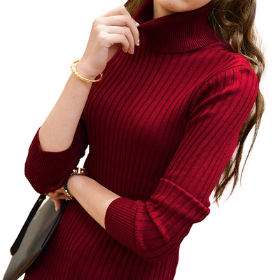 2015秋冬新款韩版修身长袖套头打底衫中长款针织衫高领毛衣女装
