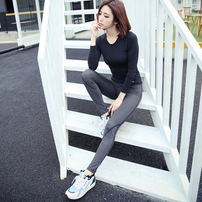 韩国新款瑜伽跳操服女高弹力长袖T恤紧身运动束腿长裤健身服套装