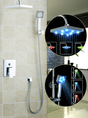 发光led暗装入墙式淋浴花洒喷头套装带手喷 两种冷热出水