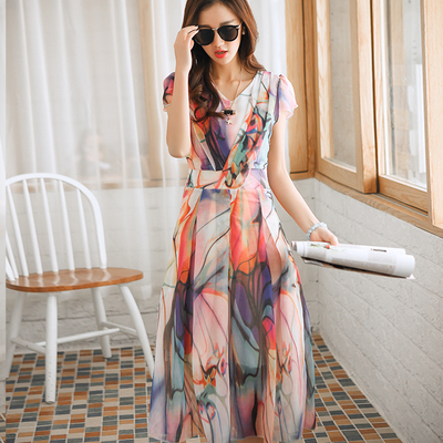 2015夏季新款韩版大码女装印花波西米亚中长款连衣裙女夏天长裙子