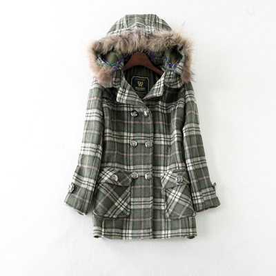 2015秋冬款 甜美加厚羊毛呢格子双排扣连帽真毛领外套