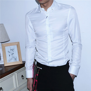 男士秋装新品韩版修身黑白色方领长袖衬衫青年发型师潮流打底衬衣