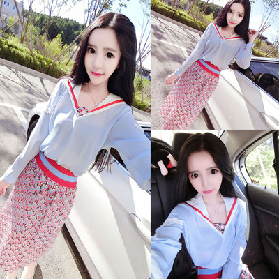 韩版女装休闲套装秋季两件套时尚V领长袖上衣重工亮片直筒中长裙