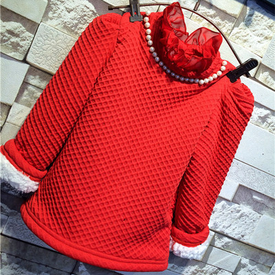 2016年冬季新款女童加绒加厚加羊羔绒打底衫长袖T恤白红黑色卫衣
