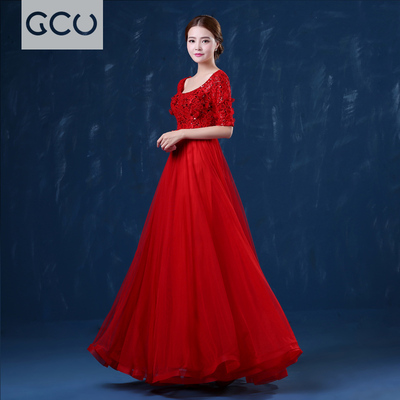 2015夏季新款婚纱礼服红色中袖长款绑带新娘敬酒服修身显瘦晚礼服