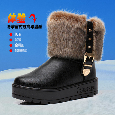 冬季新款厚底雪地靴女士防滑防水加绒保暖短筒中筒靴平跟雪地棉鞋