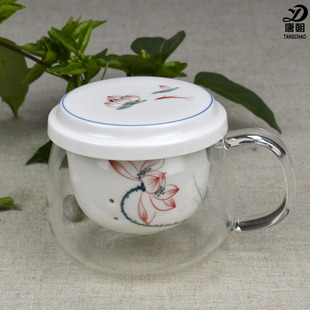 特价红荷花大号手绘茶壶侧把泡茶器陶瓷茶具青花瓷器过滤玻璃茶杯