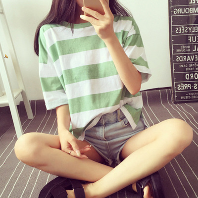 韩版T恤2016女装圆领夏季新款夏装打底竖条纹短袖上衣宽松大码