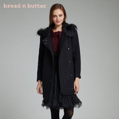 bread n butter2017秋冬连帽毛领保暖毛呢外套黑色廓形长袖大衣