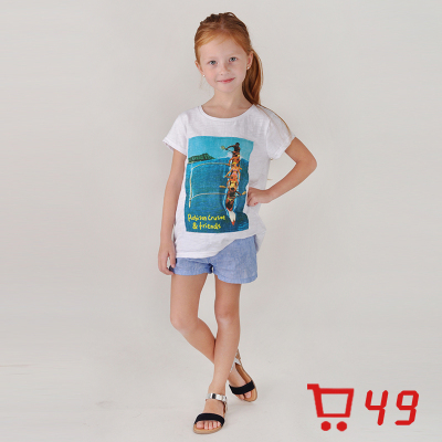 全棉复古数码印花短袖vintageT恤皮划艇运动 女童 圆领竹节针织