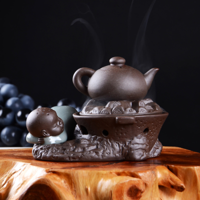 陶瓷盘香香薰炉摆件创意哥窑盘香家居小和尚茶宠盘香炉 哥窑茶玩