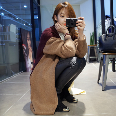 2016秋冬新款韩版活力撞色元素点缀长版针织开衫女毛衣外套