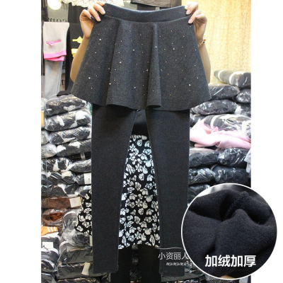 韩国代购 冬季新款纯棉进口毛呢钉钻大摆伞摆加厚假两件打底裤裙