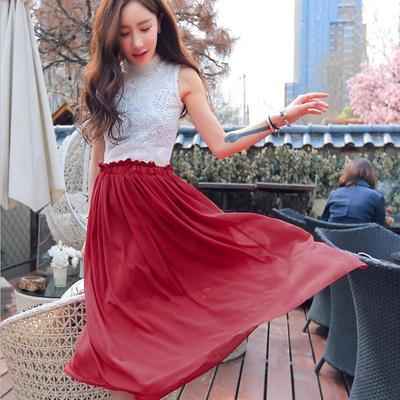 2015春夏季新款韩版修身长裙两件套气质无袖立领蕾丝雪纺连衣裙潮