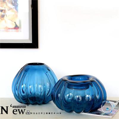 蓝色水晶玻璃花瓶 欧式现代时尚手工玻璃工艺摆件 样板房家居饰品