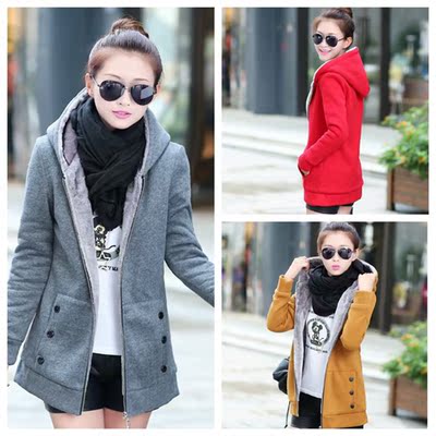 2015新款冬季女韩版毛内胆加绒加厚开衫中长款卫衣女大码外套女装