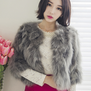 2016冬装新款七分袖韩版女士圆领短款大衣貉子毛皮草外套
