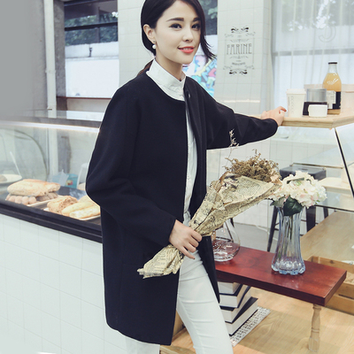 【天天特价】2015韩国代购冬装毛呢外套女大码圆领呢子大衣中长款