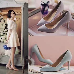 2015春季韩版新款高跟尖头绒面单鞋浅口细跟女鞋性感优雅OL伴娘鞋
