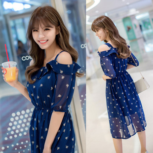 实拍2016韩版短袖新款女装 夏季修身显瘦吊带时尚雪纺连衣裙F6625
