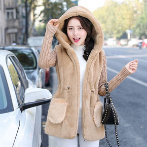 2015年韩版新款中长款毛呢外套针织袖收腰显瘦连帽休闲女装上衣