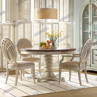 美式实木餐桌椅组合 欧式复古餐厅圆形橡木餐桌 可伸缩餐台饭桌