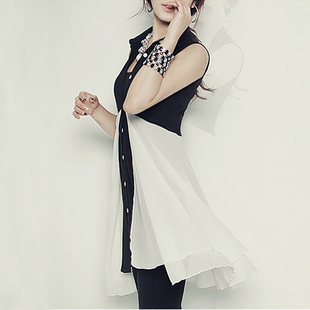 夏季新款韩版范雪纺衫 无袖修身显瘦衬衫裙 拼接上衣中长款连衣裙
