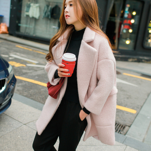 冬款显瘦韩版中长款茧型毛呢外套女粉色翻领宽松九分袖呢子大衣