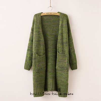 草绿色 中性风韩版宽松大码混色中长款针织开衫 毛衣