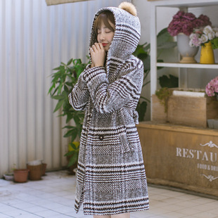 2015韩国东大门韩版女装连帽外套格子呢大衣女长款外套开衫