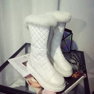 2015冬季新款潮甜美格子亮面雪地靴保暖平底靴女中筒靴子棉鞋防滑