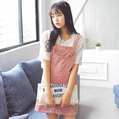 2016粉色通勤夏季女装新款韩版灯芯绒 经典口袋设计纯色背带裙